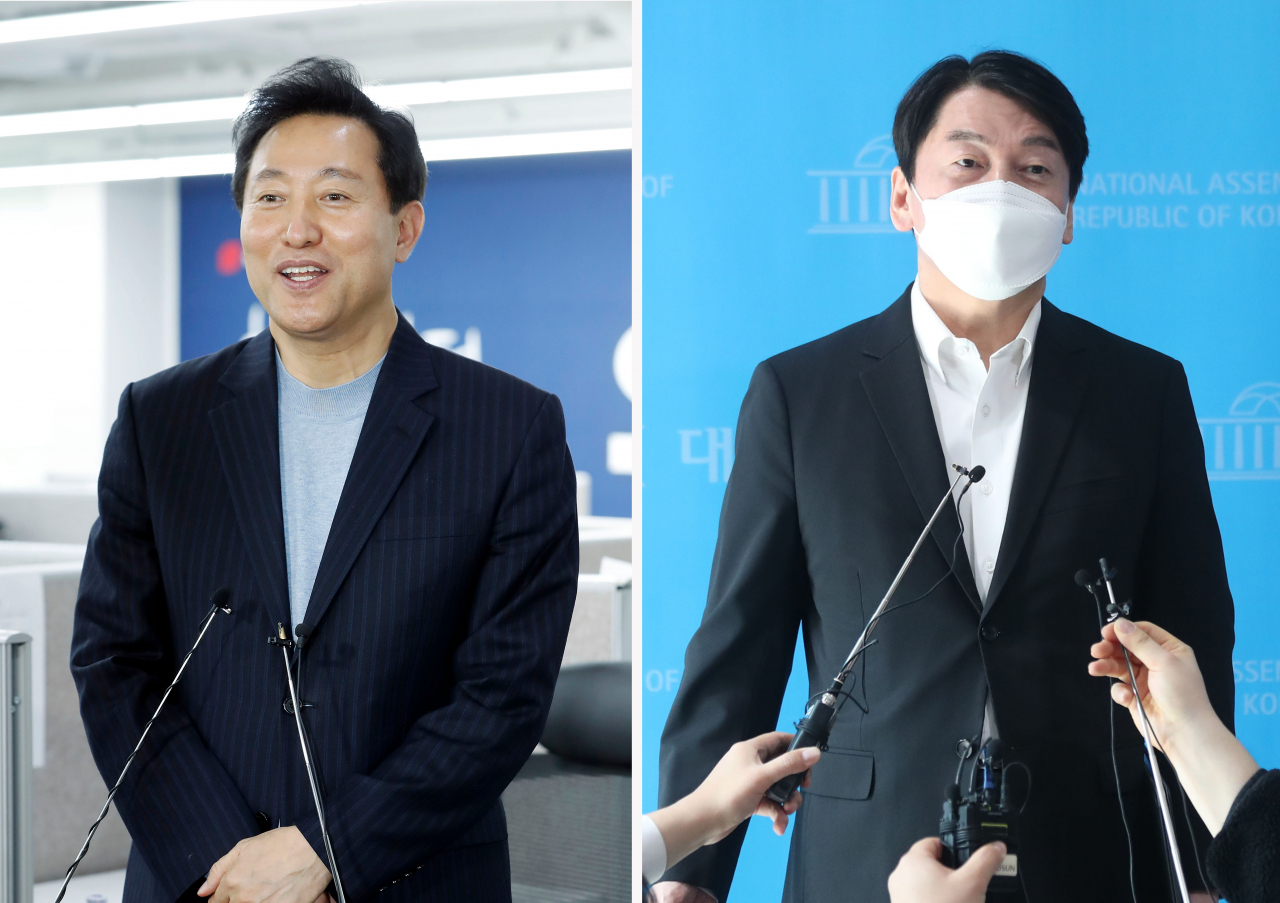 오세훈 국민의힘 서울시장 후보(왼쪽)와 안철수 국민의힘 서울시장 후보 [연합]