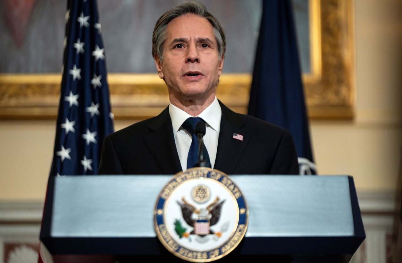 US Secretary of State Antony Blinken speaks during a press briefing at the State Department in Washington on March 3, 2021, in this photo released by Reuters. (Yonhap)