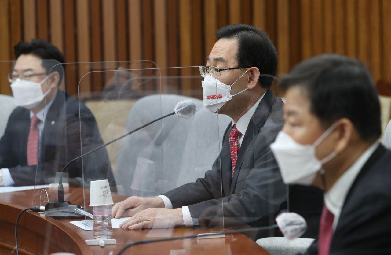 주호영 국민의힘 원내대표가 16일 오전 서울 여의도 국회에서 열린 원내대책회의에서 발언하고 있다. [헤럴드경제=정윤희 기자]