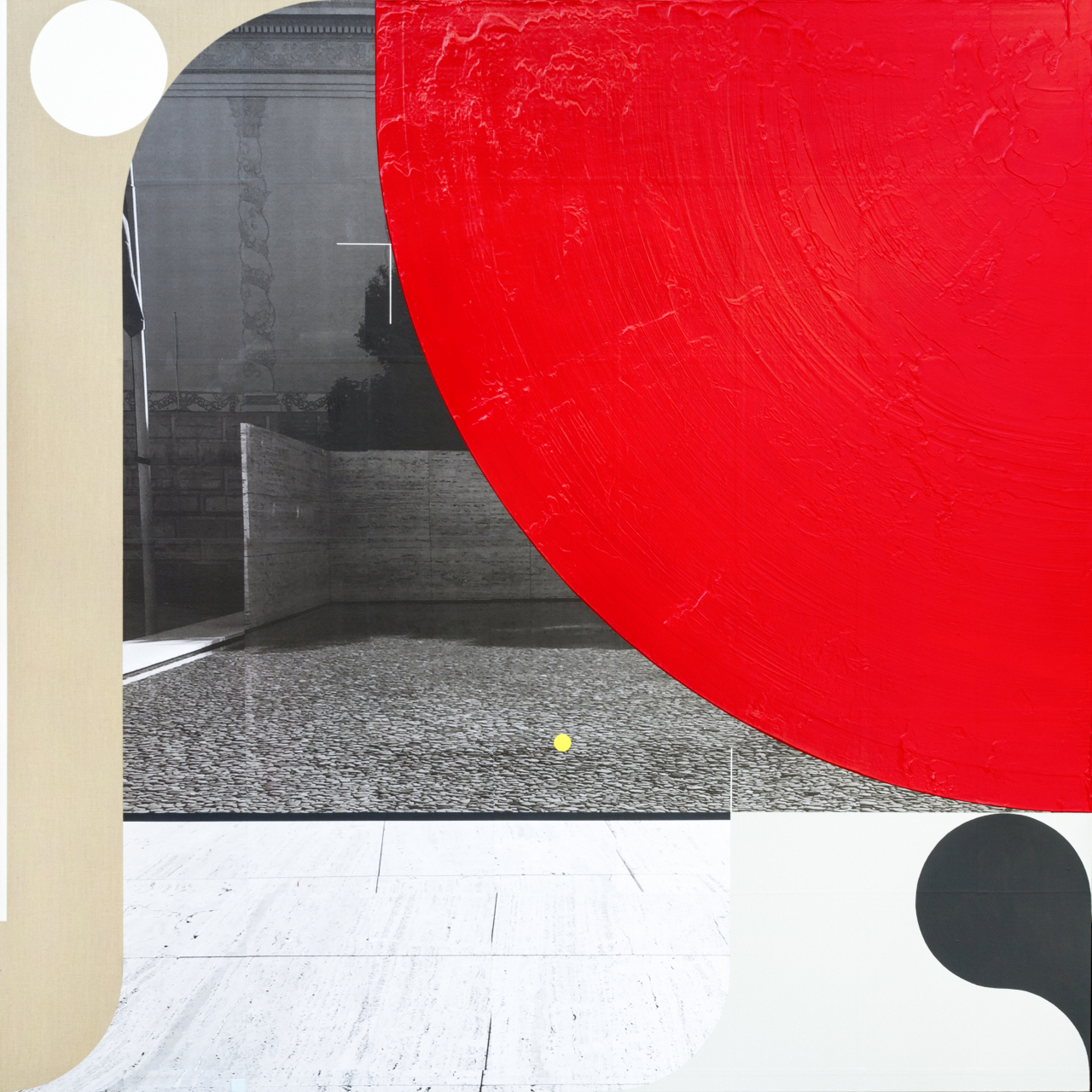 이희준, Barcelona Pavilion no.1, 2021, 캔버스에 아크릴릭, 사진 콜라주, 160&times;160cm [사진제공=퍼블릭아트]