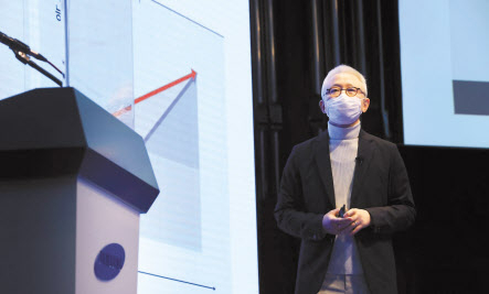 17일 서울 서초구 엘타워에서 열린 삼성전기 주주총회에서 경계현 사장이 비전 발표를 하고 있다. [연합]