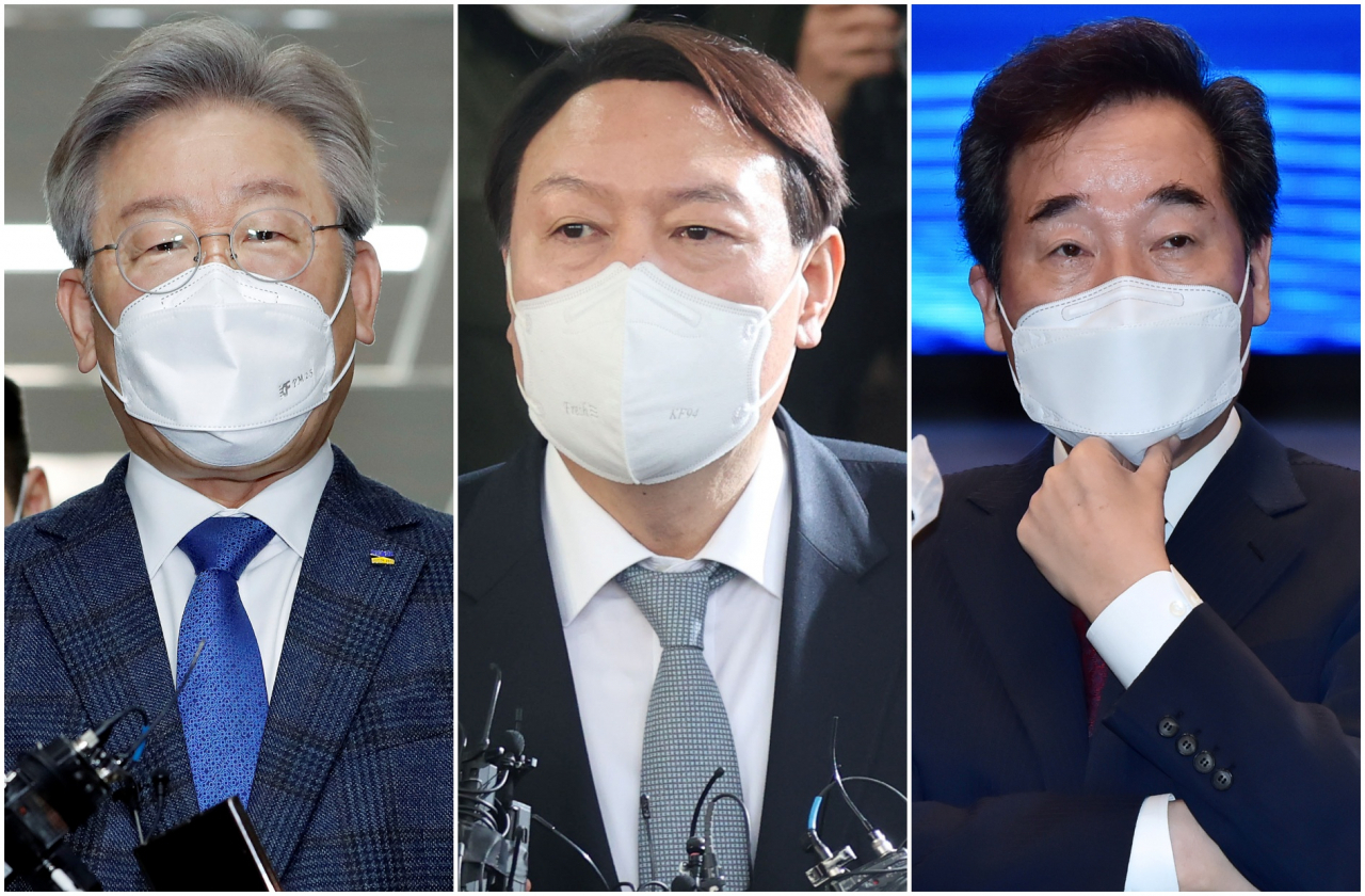이재명(맨 왼쪽부터) 경기도지사, 윤석열 전 검찰총장, 이낙연 더불어민주당 상임선거대책위원장. [연합]