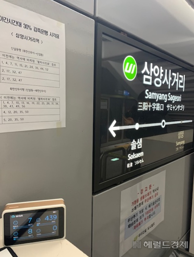 우이신설선 역사 내 공기질을 측정하고 있는 모습. [강북구 제공]