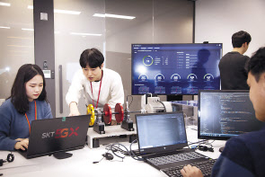 SK텔레콤 개발자들이 ‘메타트론 그랜드뷰’의 관제화면을 점검하고 있다. [SK텔레콤 제공]
