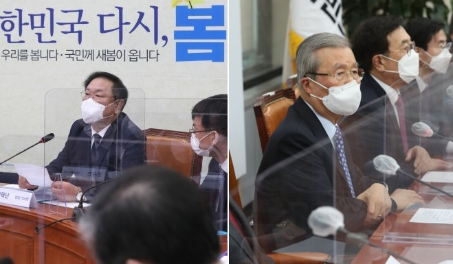 더불어민주당 김태년 당대표 직무대행이 19일 오전 국회 당대표회의실에서 열린 제3차 고위당정협의회에서 발언하고 있다(왼쪽사진). 국민의힘 김종인 비상대책위원장이 19일 오전 서울 여의도 국회에서 열린 비대위원장-중진의원 회의에서 발언하고 있다. [연합]