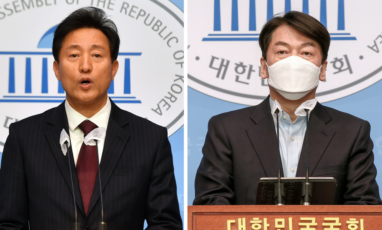 국민의힘 오세훈 서울시장 후보와 국민의당 안철수 서울시장 후보가 지난 19일 국회 소통관에서 각각 단일화에 대한 입장을 밝히는 기자회견을 하고 있다. [연합]