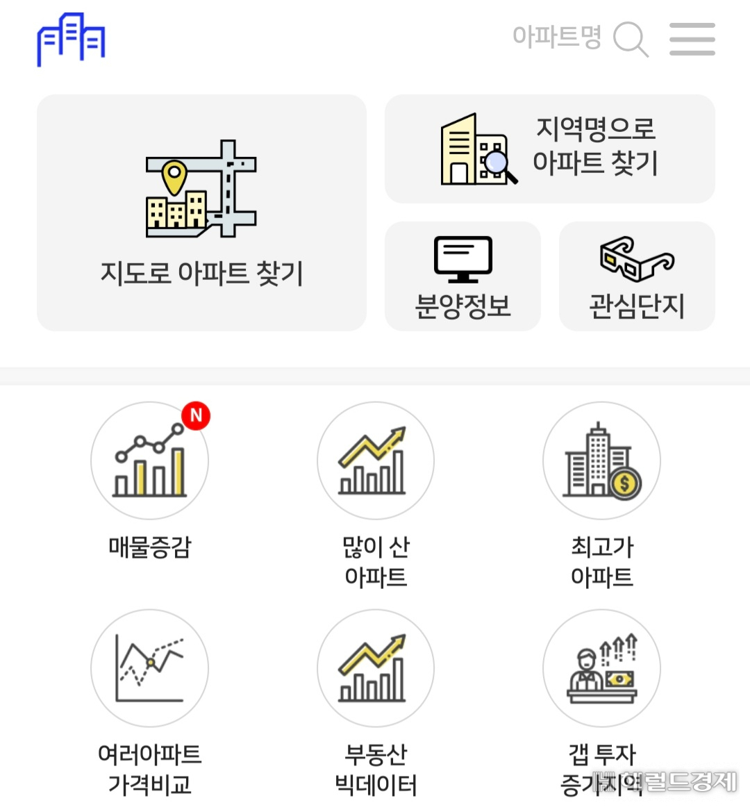 ‘아파트실거래가(아실)’ 애플리케이션 접속 시 홈 화면.