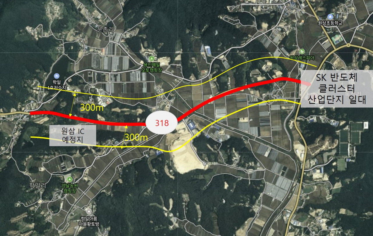 경기 용인시 원삼나들목(IC) 예정지와 SK 반도체클러스터 산업단지를 잇는 318번도 지방도 인근(300m 근방)의 최근 5년간 외지인 거래를 분석한 결과, 해당 거래의 60% 필지에서 외지인에게 소유권이 넘어간 것으로 확인됐다. [네이버 지도 캡처]