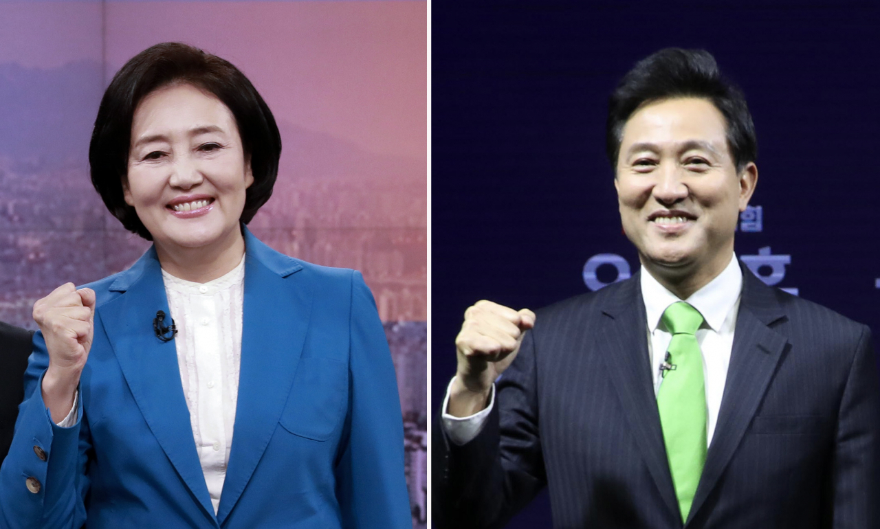 4·7 서울시장 보궐선거에서 여권 단일후보로 나선 더불어민주당 박영선 전 중소벤처기업부 장관(왼쪽)과 야권 단일 후보로 나선 국민의힘 오세훈 전 서울시장이 맞붙게 됐다. [연합]