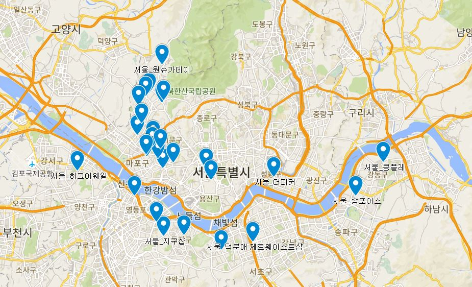무포장 가게 지도. 서울 마포구, 서대문구, 은평구에 이르는 3개구에 전체 제로웨이스트 가게 57%(16개)가 집중돼 있다. [출처='무포장 가게 지도' 구글맵]
