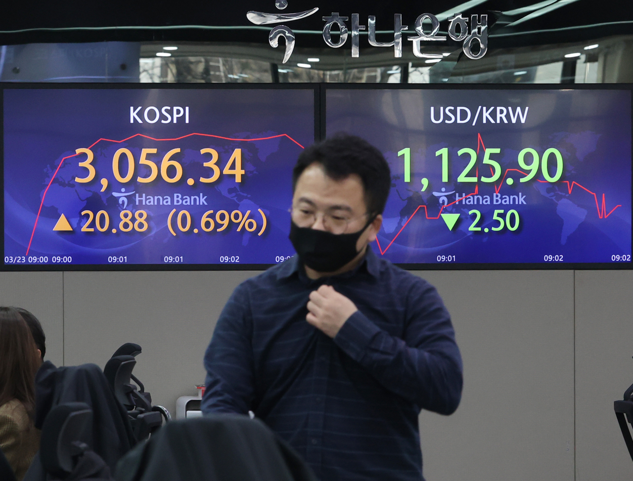 서울 중구 하나은행 본점 딜링룸 전광판에 코스피와 환율이 표시되고 있다. 연합뉴스