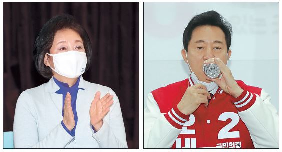 박영선(왼쪽) 더불어민주당 서울시장 후보, 오세훈 국민의힘 서울시장 후보