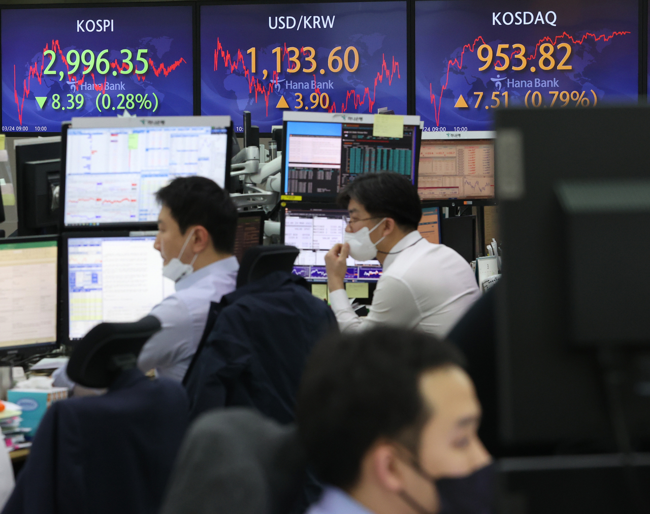 [사진=24일 오후 서울 중구 하나은행 본점 딜링룸][연합]