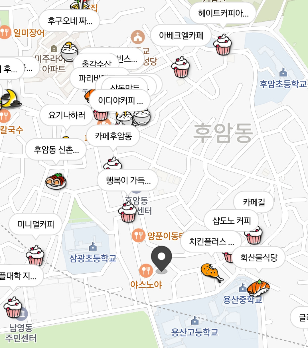 배달의민족 앱에서 포장·방문 탭을 누르면, 위치를 기반으로 포장주문이 가능한 음식점을 표시하는 지도 서비스를 이용할 수 있다. [배달의민족 캡처]