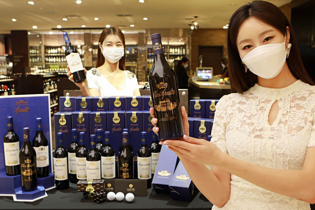 25일 서울 소공동 롯데백화점 본점에서 모델들이 칠레 프리미엄 와이너리 ‘끌로 아팔타 럭키박스 이벤트’를 소개하고 있다. [롯데쇼핑 제공]