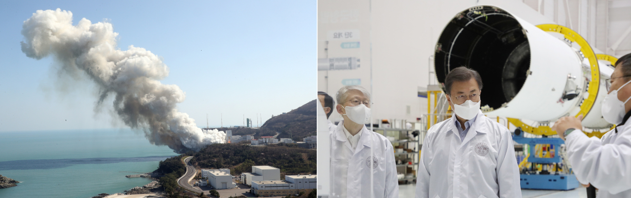 문재인 대통령이 25일 오후 전남 고흥군 나로우주센터에서 누리호 1단 종합연소시험(왼쪽 사진)을 참관한 뒤 발사체 조립동을 시찰하고 있다. [연합]