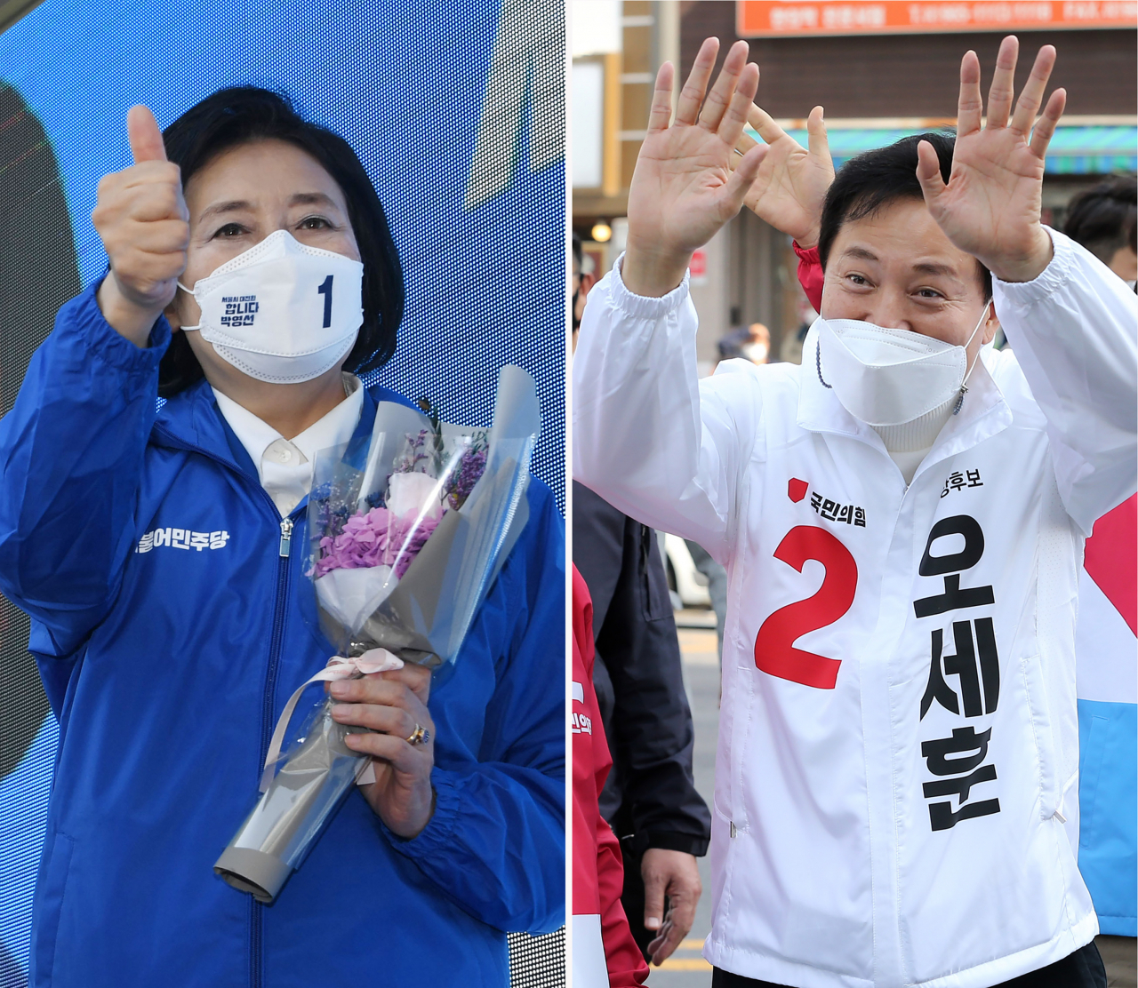 4·7 재보궐 선거운동 첫날인 지난 25일 더불어민주당 박영선 서울시장 후보와 국민의힘 오세훈 서울시장 후보는 서울 시내 곳곳을 돌며 지지를 호소했다. 더불어민주당 박영선 서울시장 후보가 이날 구로구 구로디지털단지에서 열린 유세출정식에서, 국민의힘 오세훈 서울시장 후보가 동대문구 경동시장에서 각각 유권자들의 지지를 호소하고 있다. 국회사진기자단