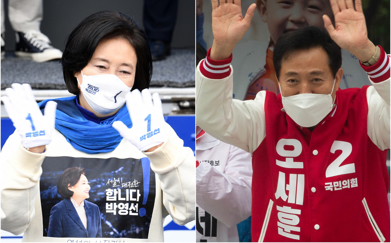 박영선 더불어민주당 서울시장 후보와 오세훈 국민의힘 후보가 지난 28일 각각 서울 서초구 고속버스터미널과 강남구 코엑스 동문광장에 열린 집중 유세에서 인사하고 있다. [연합]