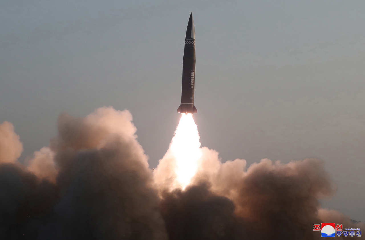 A new type of a tactical guided missile is launched from the North Korean town of Hamju, South Hamgyong Province, last Thursday, in this photo released by the North's official Korean Central News Agency. (KCNA-Yonhap)