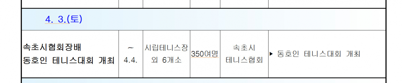 속초시 주간일정표에 적힌 테니스 대회
