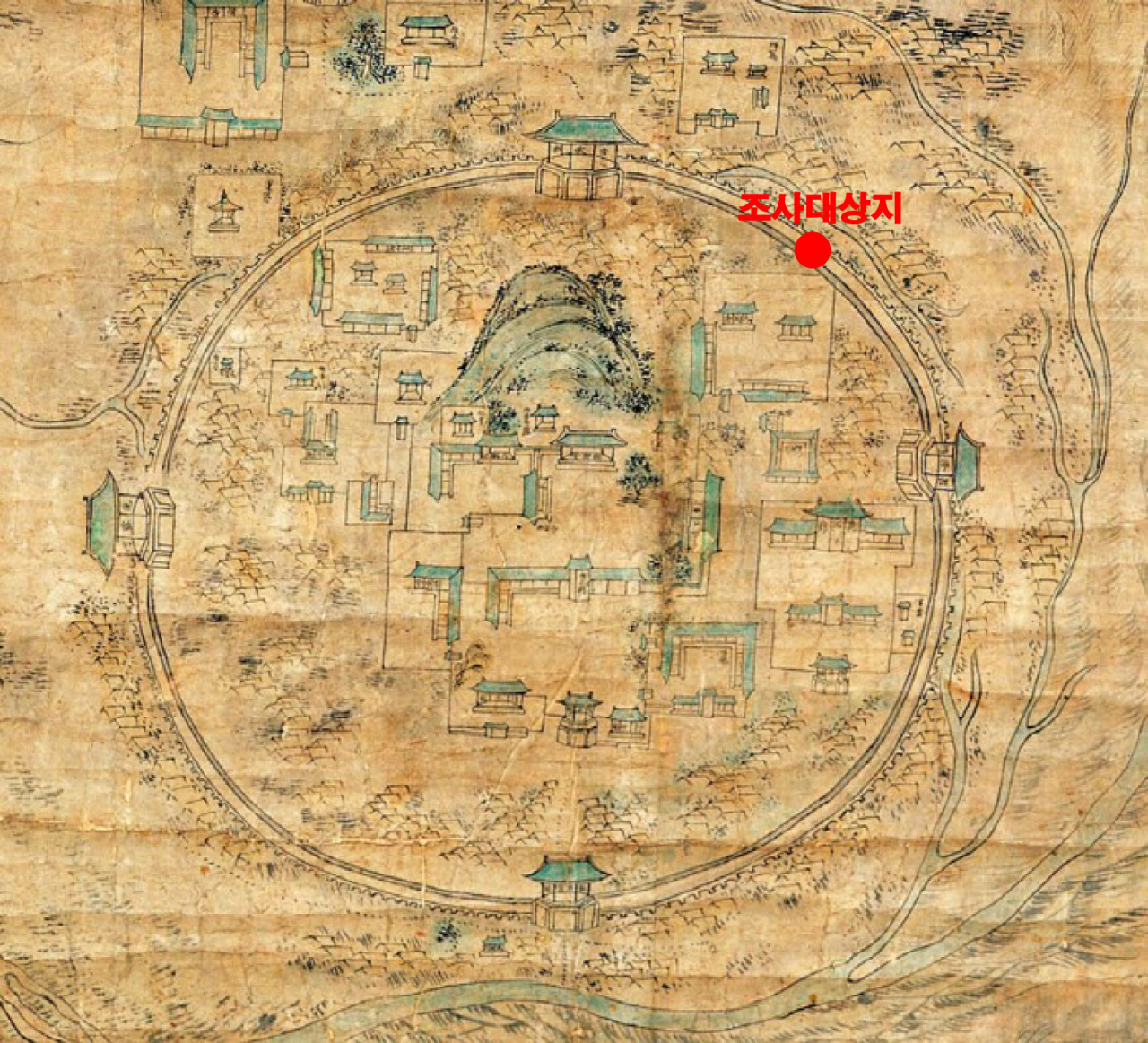 큰 규모의 상주읍성 본 모습. 상주성도(1827~1870년 故강주진 소장본) 중 조사대상지 붉은 표시.