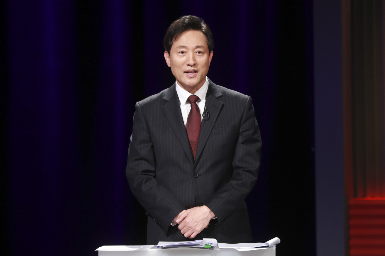 4·7 서울시장 보궐선거 국민의힘 오세훈 후보가 29일 밤에 열린 TV토론회에서 발언하고 있다. [연합]