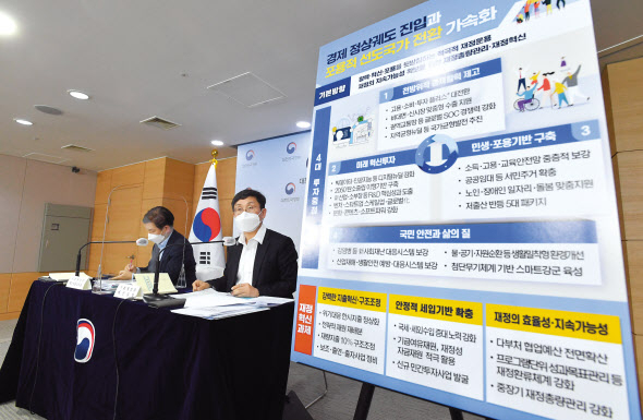 안도걸(오른쪽) 기획재정부 예산실장이 지난 26일 서울 광화문 정부서울청사에서 2022년도 예산안 편성지침의 주요 내용을 설명하고 있다. 안 실장은 “경제의 정상궤도 진입과 포용적 선도국가로의 전환을 가속화하기 위해 적극적 재정운용 기조를 지속할 것”이라고 밝혔다. 왼쪽은 최상대 기재부 예산총괄심의관. [기획재정부 제공]
