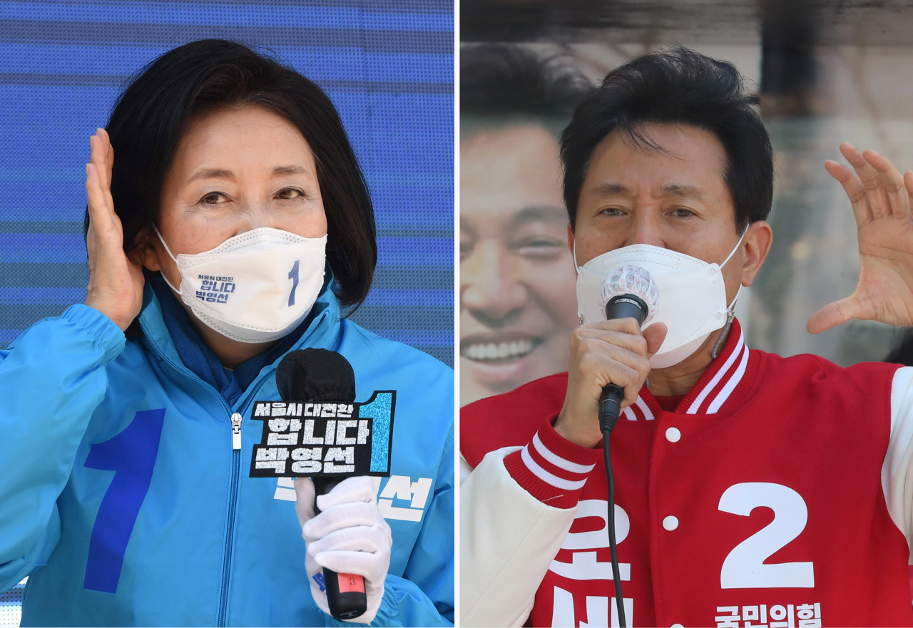 더불어민주당 박영선 서울시장 후보(왼쪽)가 지난 30일 서울 성동구 왕십리역 광장에서, 국민의힘 오세훈 서울시장 후보가 영등포역 광장에서 각각 집중유세를 펼치고 있다. [국회사진기자단]