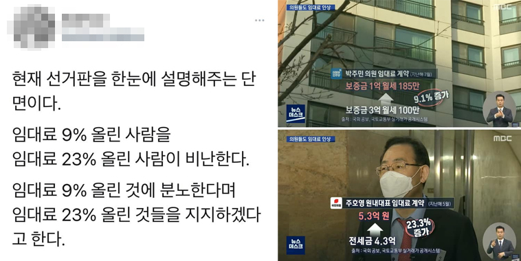 “임대료 9% 인상 분노해 23% 올린 것들 지지한다니” 조국이 공유한 글