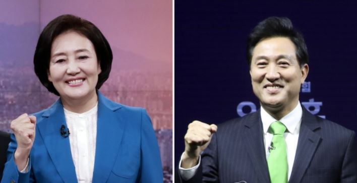 더불어민주당 박영선 서울시장 후보(왼쪽)와 국민의힘 오세훈 서울시장 후보 모습[연합]