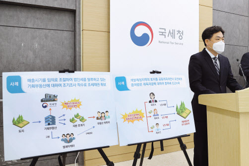 김태호 국세청 자산과세국장이 1일 세종시 나성동 본청에서 신도시 등 대규모 개발지역 탈세 혐의자 165명 세무조사 관련 브리핑을 하고있다. [국세청 제공]