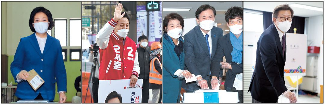 4·7 재보궐선 선거 승패를 가를 사전투표가 2일 시작됐다. (사진 왼쪽부터) 박영선 더불어민주당 서울시장 후보는 이날 오전 사전투표에 진행해 한표를 행사한 반면 오세훈 국민의힘 후보는 사전투표대신 선거운동에 전념했다. 부산시장 자리를 놓고 격돌할 김영춘 민주당 후보와 박형준 국민의힘 후보는 이날 나란히 사전투표에 나섰다. [국회사진기자단·연합]