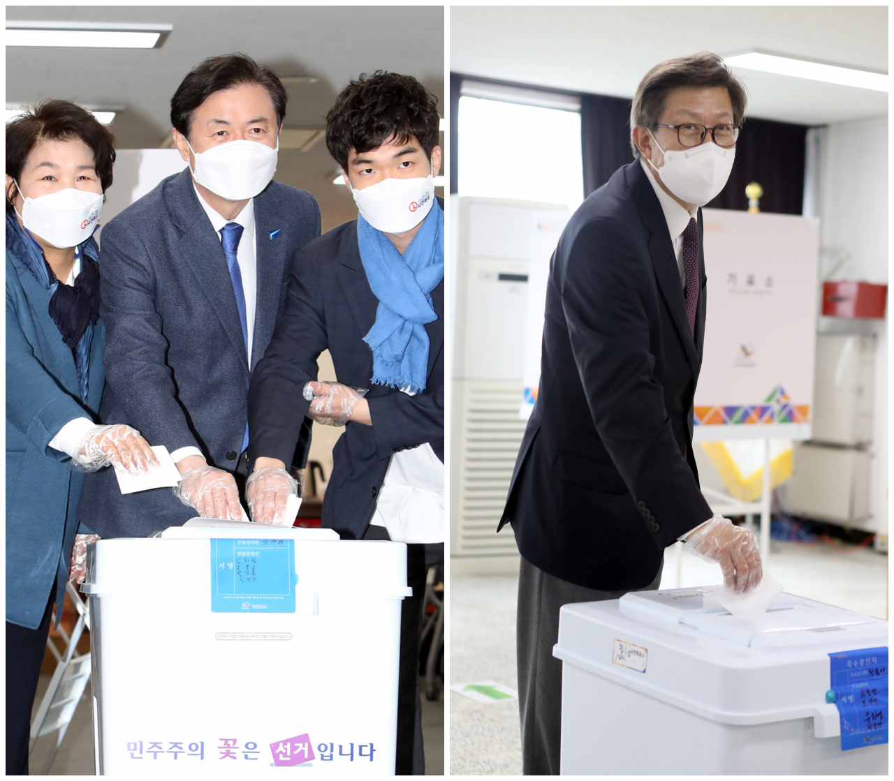 4·7 부산시장 보궐선거 사전투표 첫날인 2일 오전 김영춘 더불어민주당 부산시장 후보(왼쪽 사진 가운데)가 부산진구노인장애복지관 5층에서 아내심연옥 씨, 아들 준현 씨와 함께 투표하고 있다. 박형준 국민의힘 부산시장 후보(오른쪽 사진)는 해운대 구청에서 투표하고 있다. [연합]