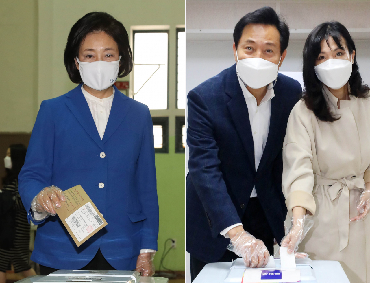 4·7 재보궐 선거 사전투표가 이틀간 실시된 가운데 박영선 더불어민주당 서울시장 후보(왼쪽)가 지난 2일 서울 종로구청 사전투표소에서, 오세훈 국민의힘 서울시장 후보가 지난 3일 서울 광진구 자양3동주민센터 사전투표소에서 각각 투표하고 있다. [연합]