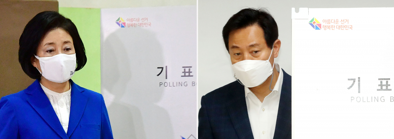 4·7 재보궐 선거 사전투표가 이틀간 실시된 가운데 박영선 더불어민주당 서울시장 후보(왼쪽)가 지난 2일 서울 종로구청 사전투표소에서, 오세훈 국민의힘 서울시장 후보가 지난 3일 서울 광진구 자양3동주민센터 사전투표소에서 각각 투표하고 있다. [연합]