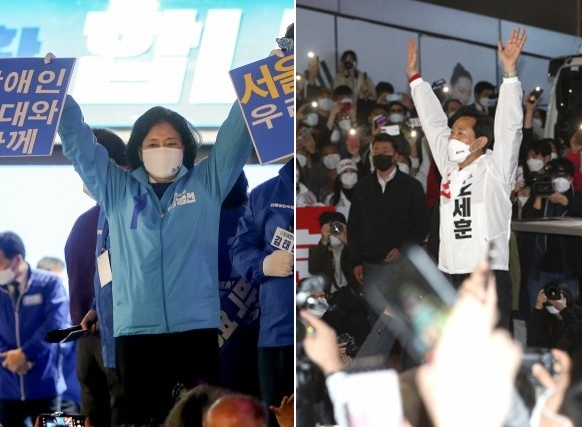 더불어민주당 박영선 서울시장 후보가 6일 서울 마포구 상상마당 인근에서 열린 집중유세에서 지지를 호소하고 국민의힘 오세훈 서울시장 후보가 6일 서울 서대문구 신촌에서 열린 마지막 유세에서 지지를 호소했다. [연합]