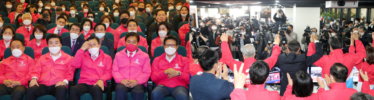 지난해 치러진 제21대 총선 개표 상황실에서 출구조사 결과를 듣고 있는 황교안 전 미래통합당 대표와 지도부의 모습(왼쪽)과 7일 서울, 부산시장 재보궐 선거 출구조사 결과를 듣고 환호하는 오세훈 서울시장 후보와 김종인 비대위원장의 모습(오른쪽). [박해묵 기자·국회사진기자단]