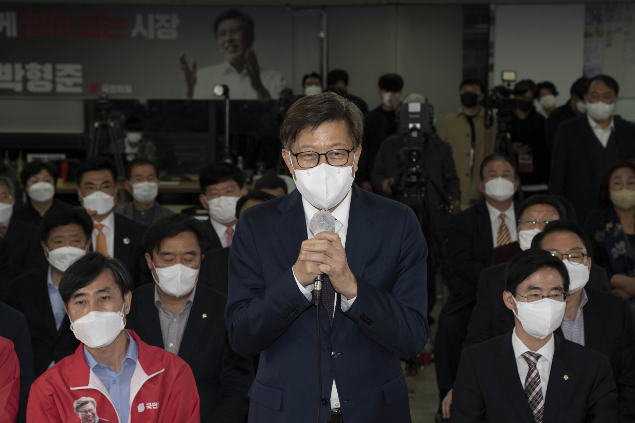 박형준 부산시장 당선인이 소감을 말하고 있다. [박형준 선거캠프 제공]