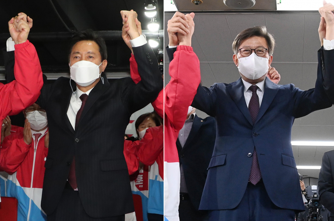 7일 치러진 서울 시장과 부산시장 보궐선거에서 국민의힘 오세훈 후보(왼쪽)와 박형준 후보의 크게 앞설 것으로 예측나온 가운데 환호하고 있다. [연합뉴스]
