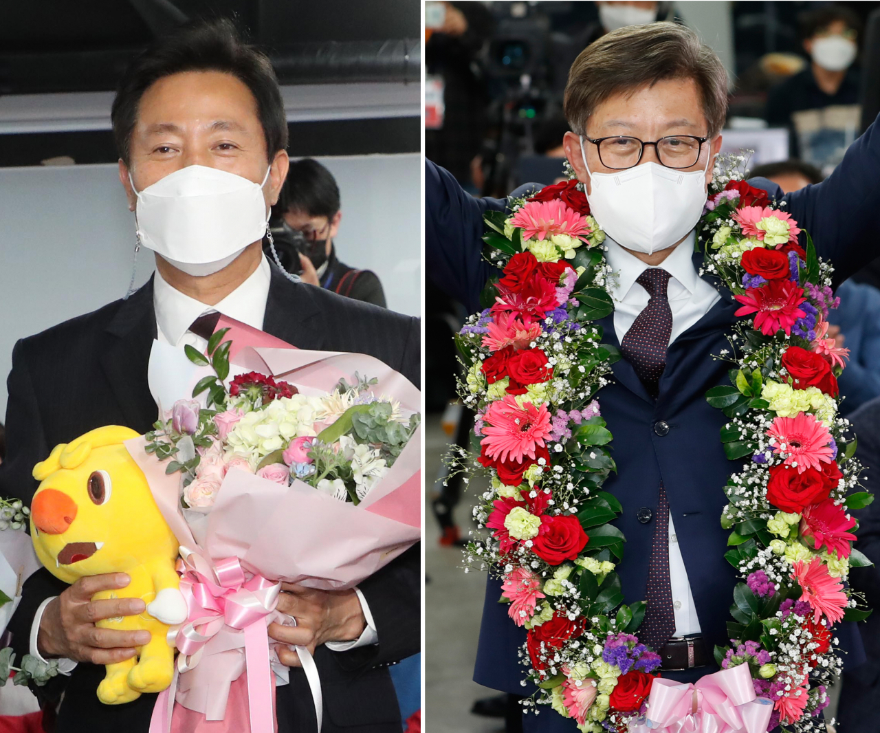 7일 치러진 재보궐선거에서 당선이 확실시되는 오세훈 서울시장 후보(왼쪽)와 박형준 부산시장 후보(오른쪽)가 각각 꽃다발을 받고 기뻐하고 있다. [연합]