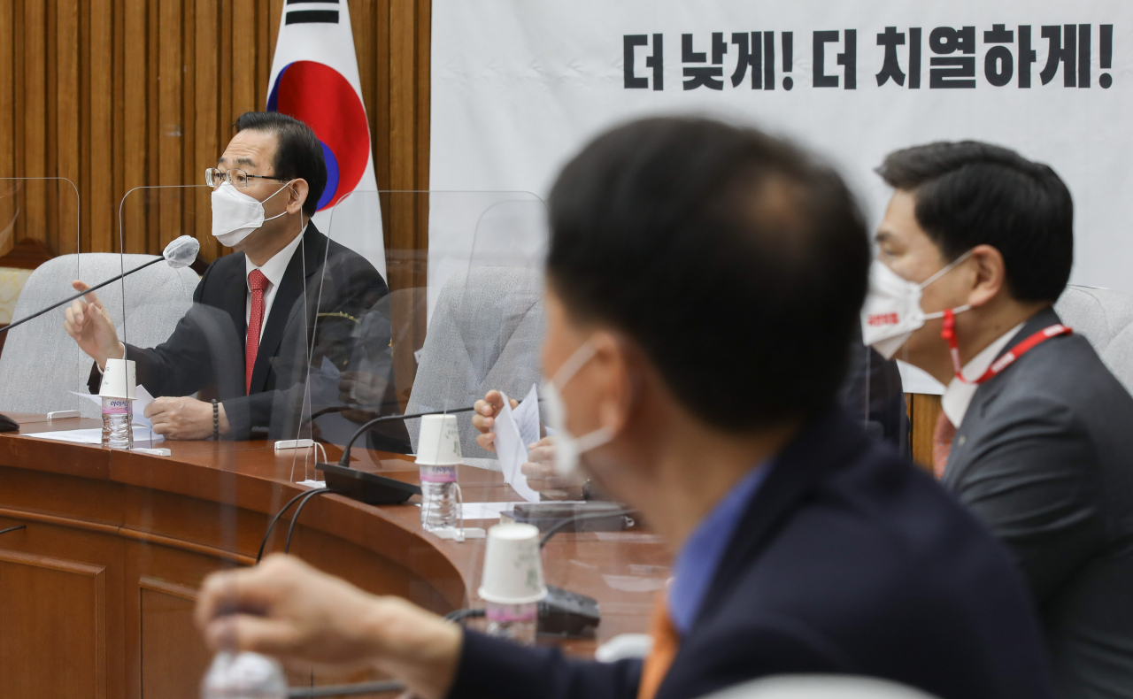 주호영 국민의힘원내대표가 9일 서울 여의도 국회에서 열린 원내대책회의에서 발언하고 있다. [헤럴드경제=이상섭 기자]