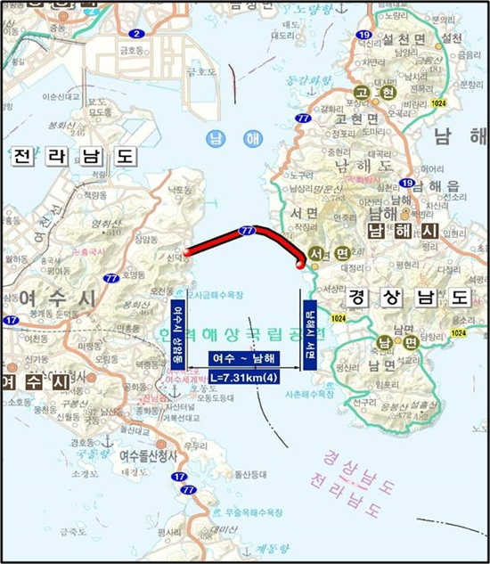 전남 여수시에서 경남 남해군을 연결하는 해저터널 위치도.