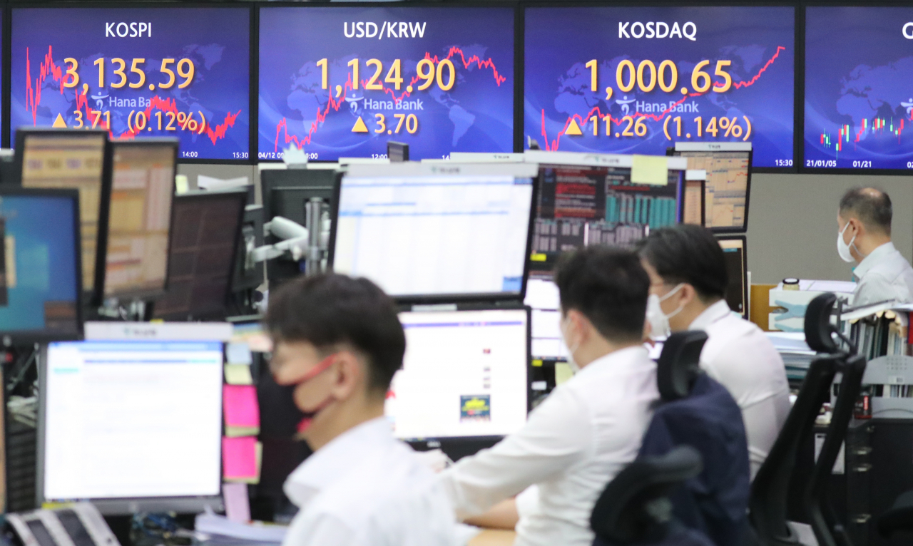 코스닥지수가 20년7개월 만에 1000선을 넘어섰다. 12일 코스닥지수는 전장보다 11.26포인트(1.14%) 오른 1000.65로 마감했다. 사진은 이날 서울 중구 하나은행 본점 딜링룸. [연합]