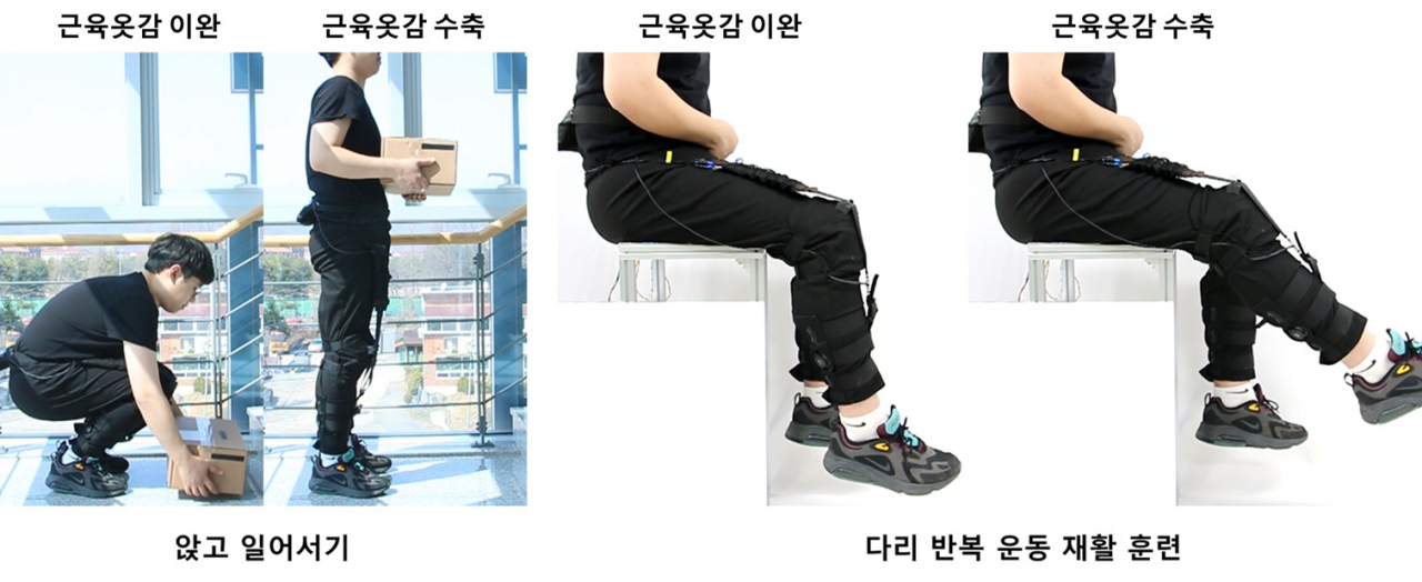 근육옷감 적용 예시. 앉고 일어서기, 계단오르기 및 반복운동이 필요한 상지/하지 재활훈련 등에 활용할 수 있다. [한국기계연구원 제공]