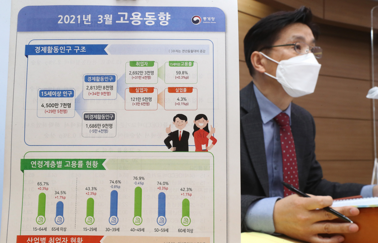 정동명 통계청 사회통계국장이 14일 오전 세종시 정부세종청사에서 2021년 3월 고용동향을 발표하고 있다.[연합]