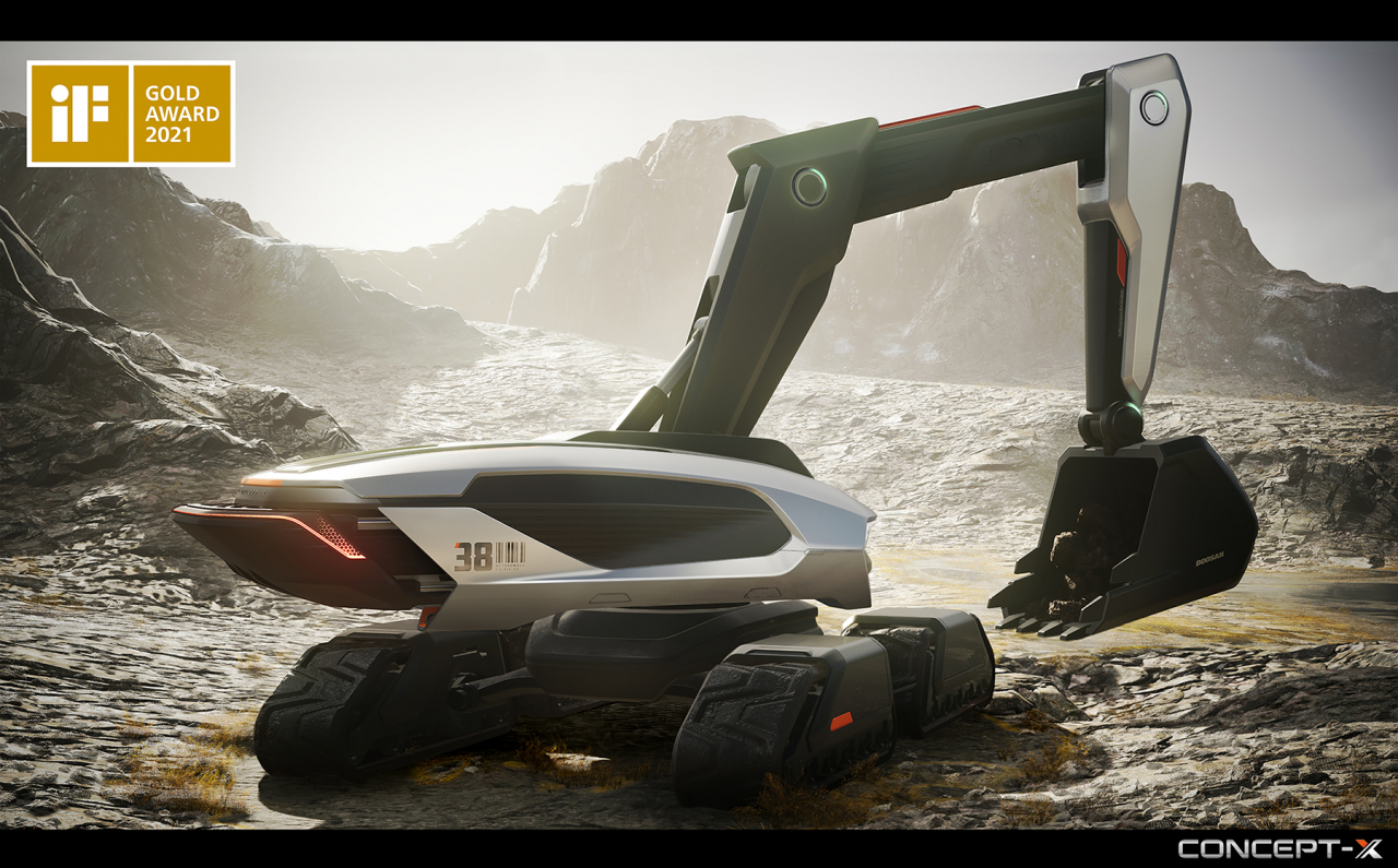 두산인프라코어의 미래형 무인 건설장비 ‘콘셉트엑스 굴착기(Concept-X Excavator)’가 세계적 권위의 디자인상인 ‘iF 디자인 어워드2021’에서 최고상인 금상을 수상했다. 콘셉트엑스 굴착기의 모습. [두산인프라코어 제공]