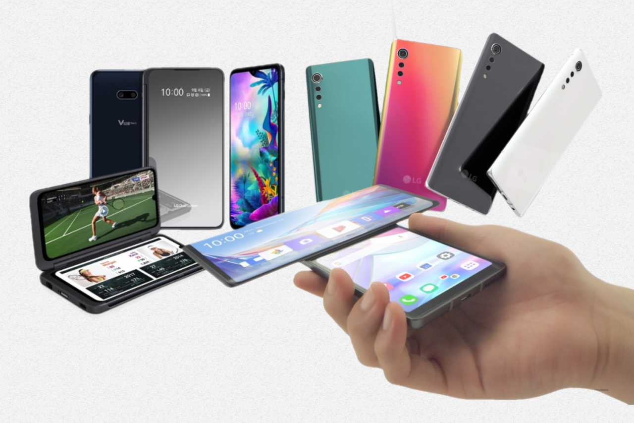 LG전자의 플래그십 스마트폰. 왼쪽부터 시계방향으로 LG V50, LG 벨벳, LG 윙