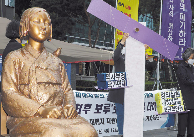 일본군 위안부 피해자 지원단체 관계자들이 지난 12일 서울 종로구 옛 일본대사관 앞에서 정의로운 손해배상청구소송 판결을 요구하는 퍼포먼스를 하고 있다. 일본군성노예제문제해결을 위한 정의기억연대 등이 참여했다. [연합]