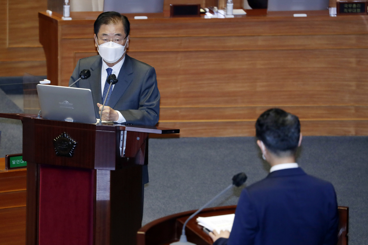 정의용 외교부 장관이 19일 국회 대정부 질문에 참석하고 있는 모습. [연합]