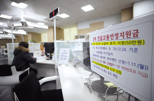 11일 오후 고용노동부 서울남부고용센터에서 한 시민이 3차 긴급고용안정지원금 관련 상담을 받고 있다. 코로나19 장기화로 소득이 줄어든 특고·프리랜서 70만명에게 지급하는 3차 ‘긴급고용안정지원금’도 이날부터 지급한다. [연합]